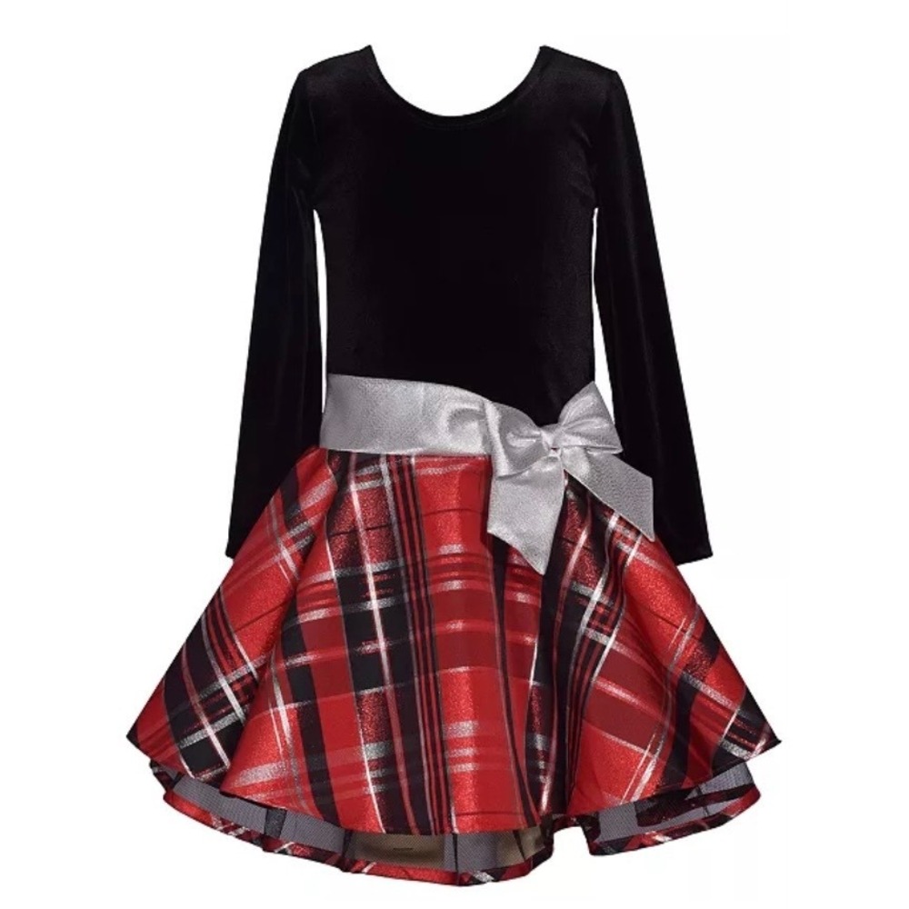 Bonnie Jean Girls Black Velvet Red Plaid Holiday Dress Silver Bow Size 5